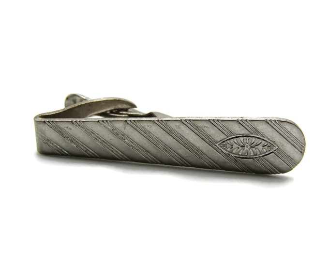 Diagonal Stripe & Leaf Engraved Pattern Silver Tone Modernist Tie Clip Tie Bar Men's Jewelry