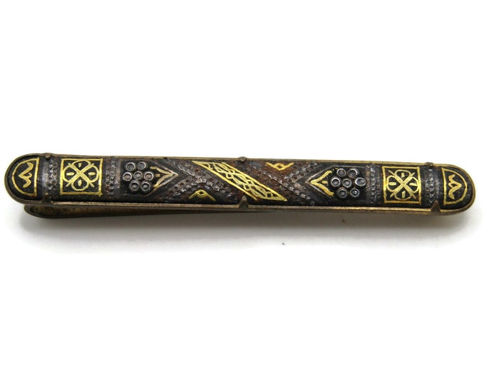 Intricate Pattern Front Tie Bar Tie Clip Men's Jewelry Gold Tone