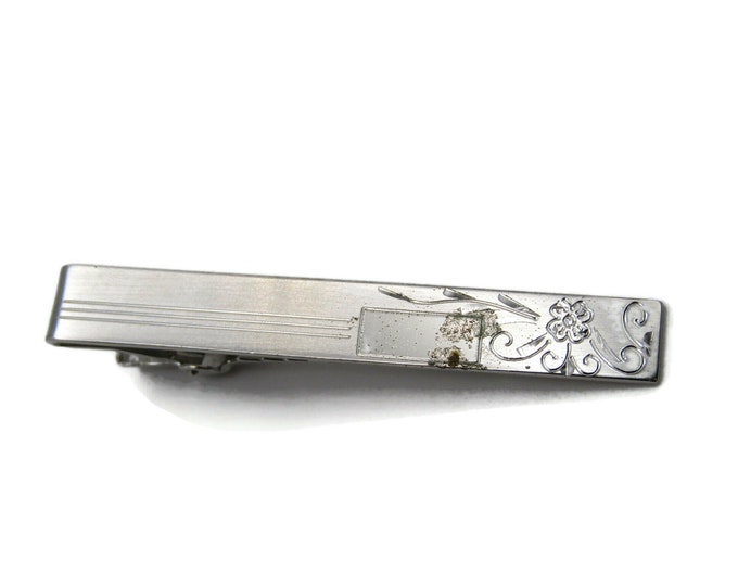 Floral and Line Etched Design Silver Tone Modernist Tie Clip Tie Bar Men's Jewelry