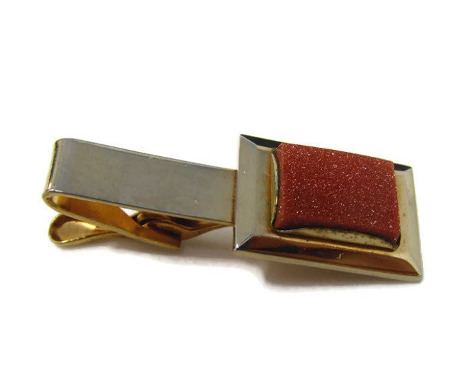 Vintage Tie Bar Tie Clip: Orange Sparkle Rectangle Accent Gold Tone Setting