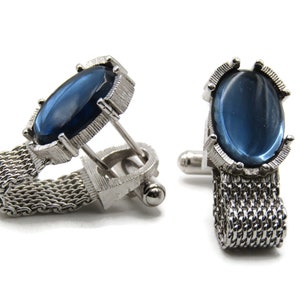Blue Stone Oval Inlay And Chains Cuff Links Men&#39;s Jewelry Silver Tone