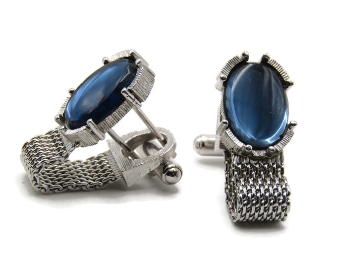 Blue Stone Oval Inlay And Chains Cuff Links Men's Jewelry Silver Tone