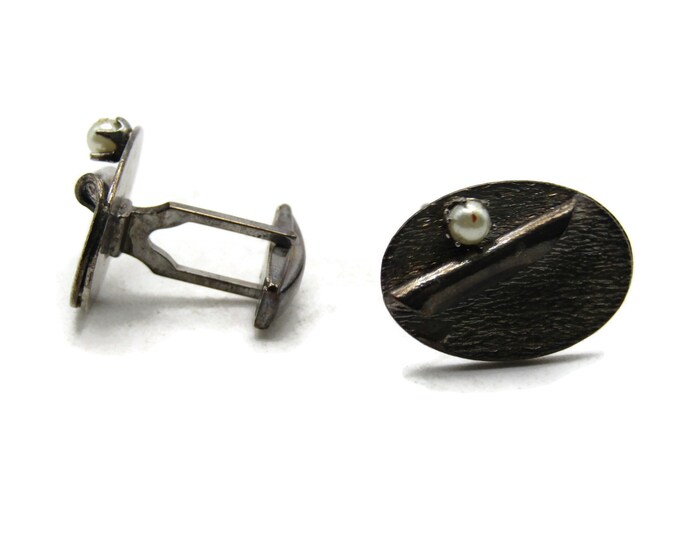 White Stone Inlay Curled Corner Textured Cuff Links Silver Tone Men's Jewelry