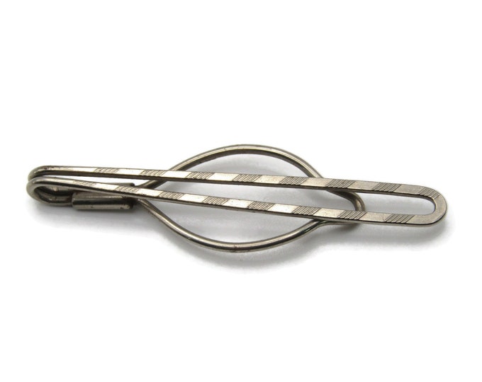 Diagonal Striped Open Body Industrial Modernist Silver Tone Tie Bar Tie Clip
