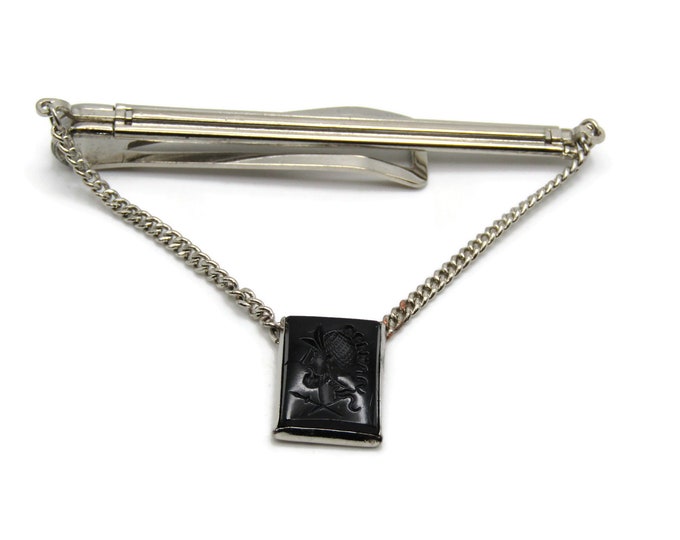 Black Stone Soldier Head Tie Chain Tie Clip Silver Tone Tie Bar Men's Jewelry