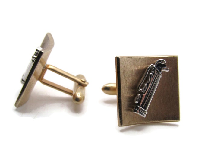 Golf Clubs And Carrier Square Curved Cuff Links Men's Jewelry Silver And Gold Tone