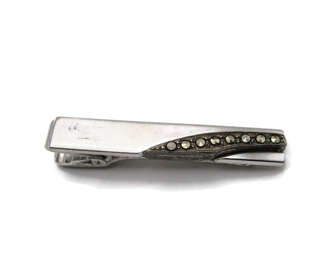 Silver Rhinestone Inlay Raised Design Modernist Silver Tone Tie Bar Tie Clip Men's Jewelry