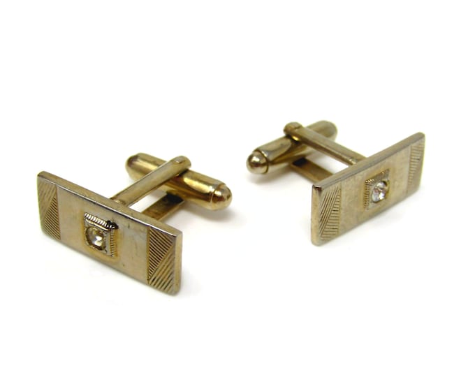 Clear Jewel Cufflinks for Men Vintage Gold Tone Small Rectangle