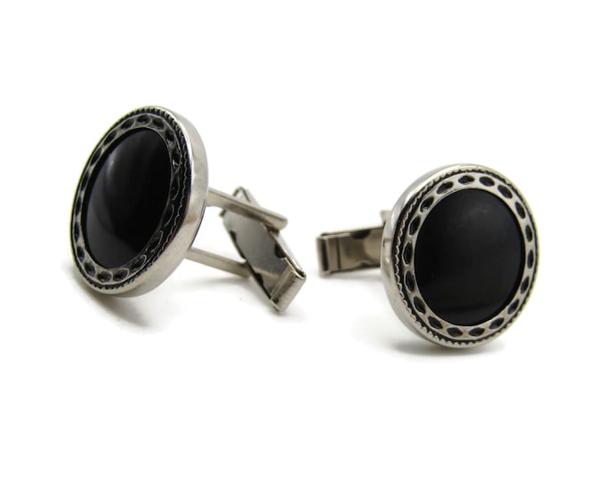 Black Round Stone And Decorative Pattern Cuff Links Men's Jewelry Silver Tone
