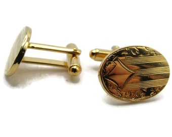 Oval Etched Lines & Diamond Pattern Cuff Links Men's Jewelry Gold Tone