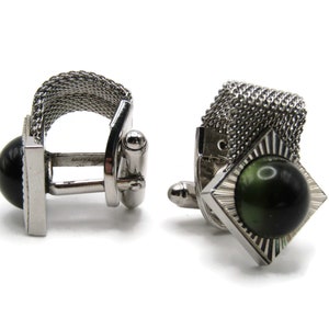 Green Stone Inlay Chain Cuff Links Men&#39;s Jewelry Silver Tone