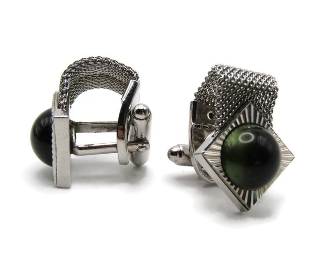 Green Stone Inlay Chain Cuff Links Men's Jewelry Silver Tone