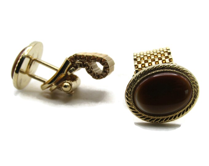 Brown Stone Inlay Chain Cuff Links Gold Tone Men's Jewelry