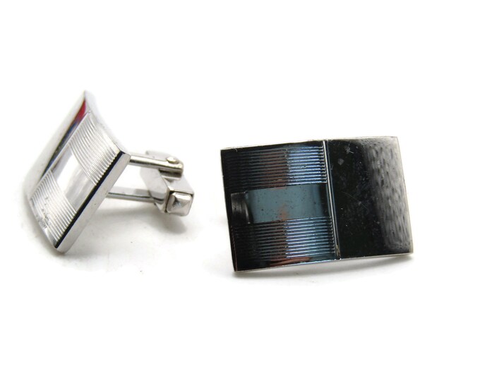 Line Designed Rectangle Cuff Links Men's Jewelry Silver Tone