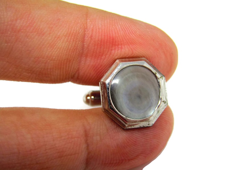 Vintage Cufflinks for Men Dark Mother of Pearl Octagon Silver Tone Made in USA