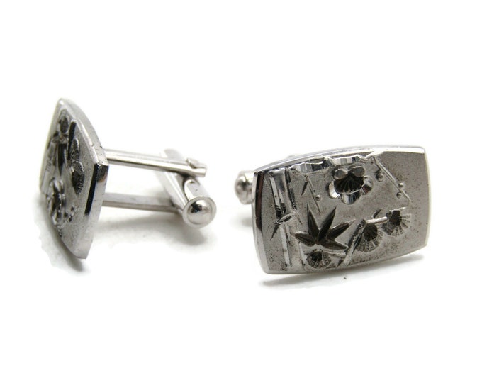 Floral Designed Rectangle Cuff Links Men's Jewelry Silver Tone