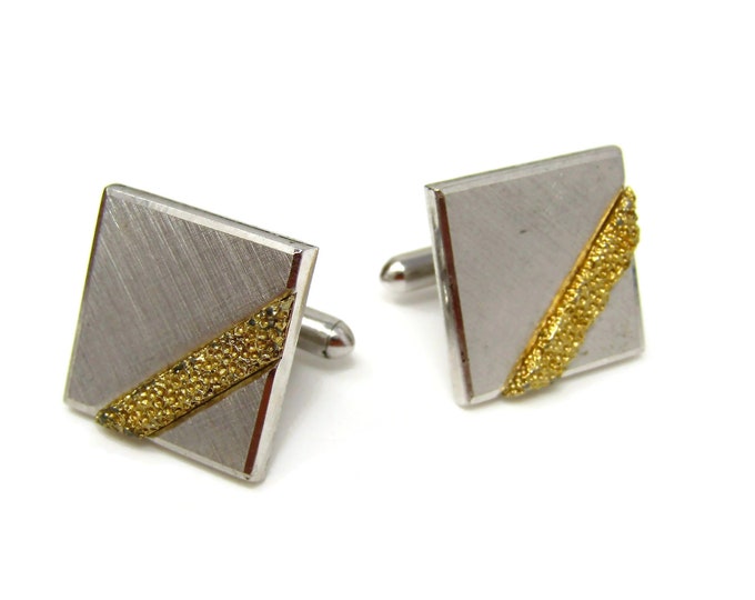 Gold Stripe Cufflinks for Men Vintage Silver Tone Square Nice Design