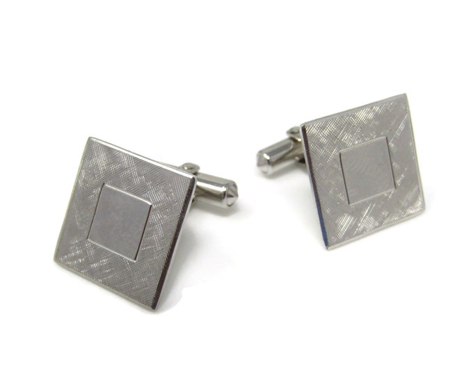 Textured Squares Smooth Center Men's Cufflinks: Vintage Silver Tone - Stand Out from the Crowd with Class