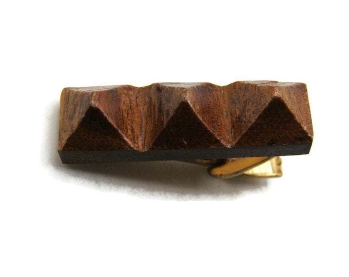 Brown Wood Pyramid Shapes Tie Bar Tie Clip Men's Jewelry Gold Tone