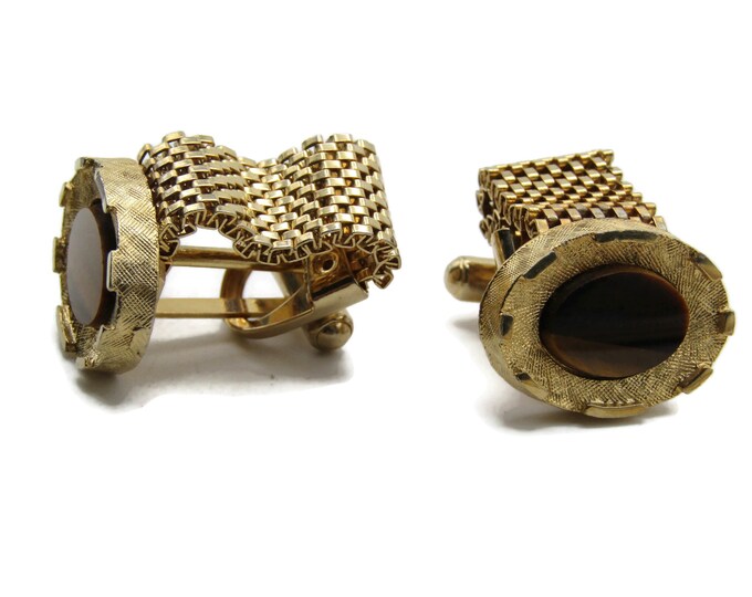 Oval Brown Stone Inlay And Textured Cuff Links And Chain Men's Jewelry Gold Tone