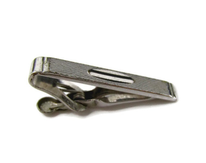 Vintage Tie Bar Tie Clip: Textured Body Smooth Center Oval Classic Styling Silver Tone