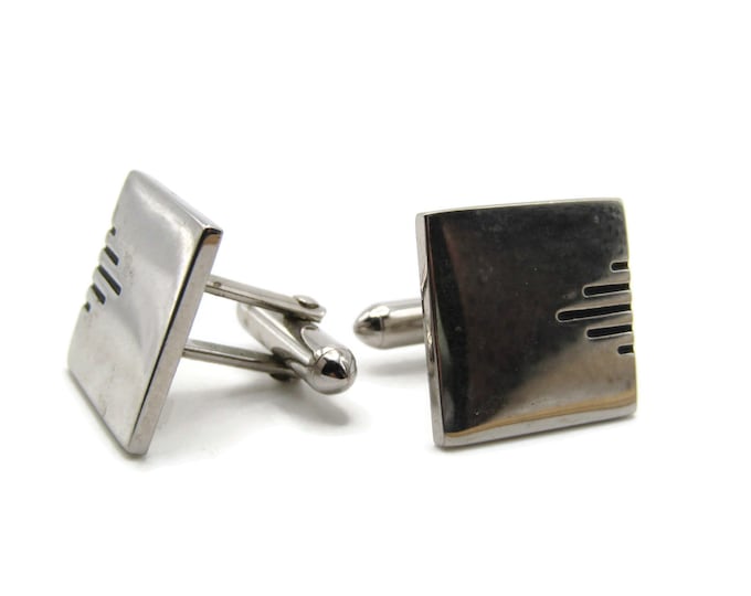 Square And Black Line Design Cuff Links Men's Jewelry Silver Tone