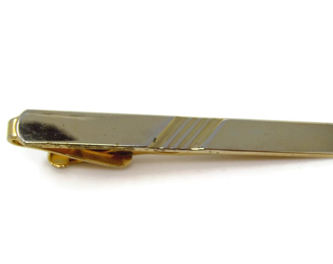 Vintage Tie Clip Tie Bar: Minimalist Triple Diagonal Groove Center Nice Gold Tone