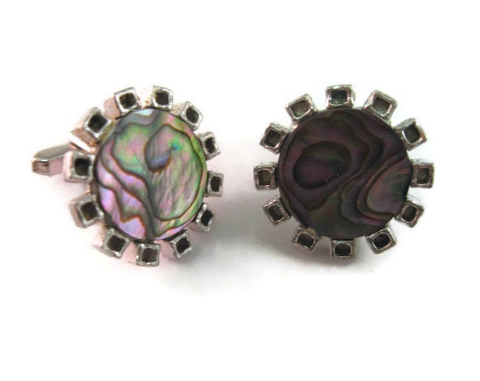 Vintage Cufflinks for Men: Stunning Mother of Pearl Abalone Silver Tone Art Border