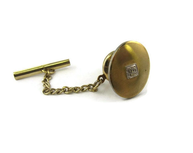 Vintage Tie Tack Tie Pin: Clear Jewel Center Brushed Gold Tone Beveled Border Oval