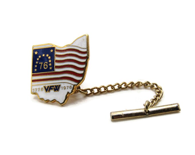 VFW Ohio Tie Pin And Chain 1776 1976 Men's Jewelry Gold Tone