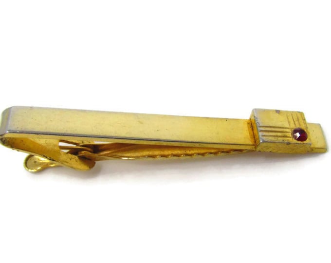 Red Jewel Tie Clip Vintage Tie Bar: Gold Tone