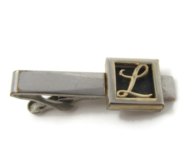 Letter L Initial Cursive Design Tie Clip Bar Faded Silver Tone Vintage Men's Jewelry Nice Design