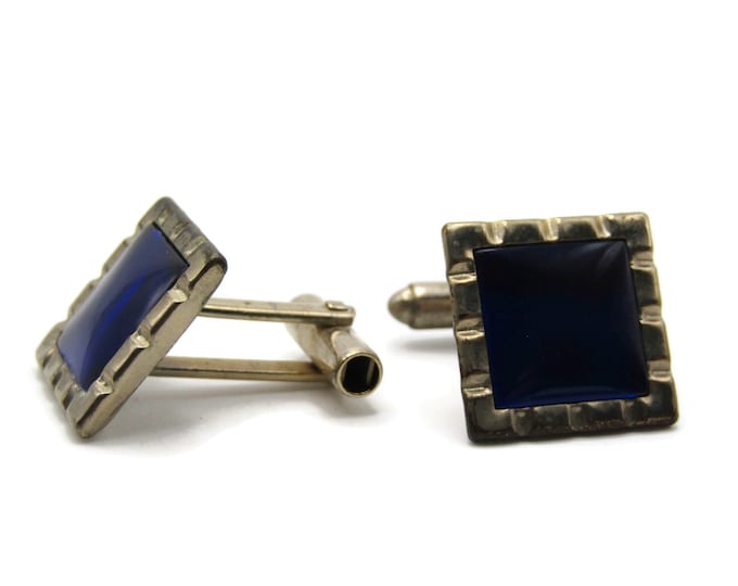 Square Blue Stone Inlay Cuff Links Men's Jewelry Silver Tone