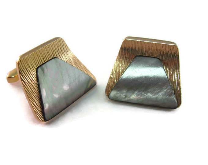 Vintage Cufflinks for Men: Amazing Mother of Pearl Sloped Textured Gold Tone Art Deco Style