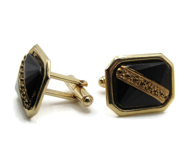 Black Stone And Beaded Diagonal Cuff Links Men's Jewelry Gold Tone