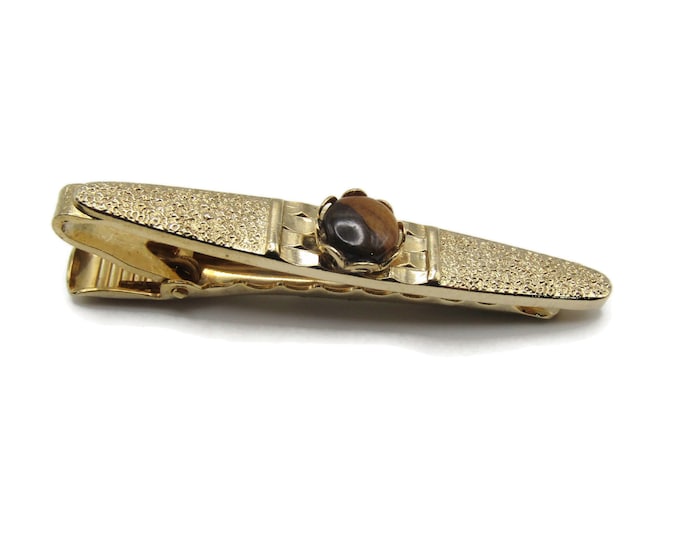 Brown Stone Inlay Rounded Textured Tie Clip Gold Tone Tie Bar Men's Jewelry