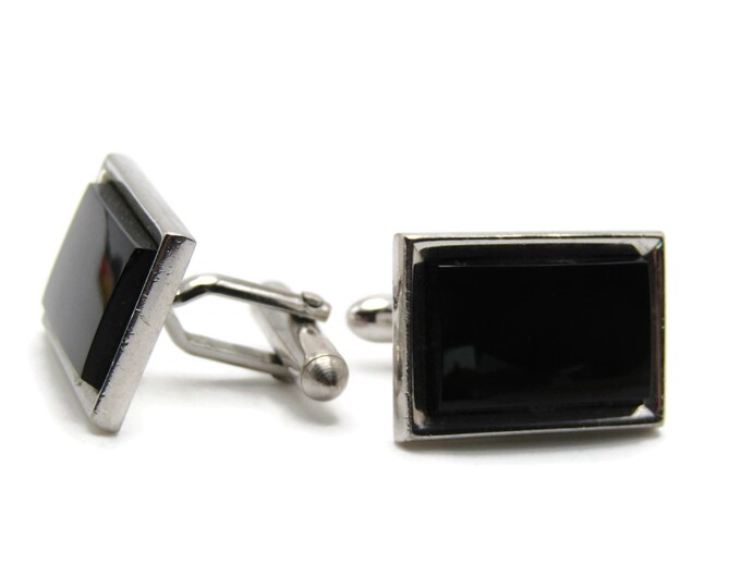 Rectangle Black Stone Inlay Cuff Links Men's Jewelry Silver Tone