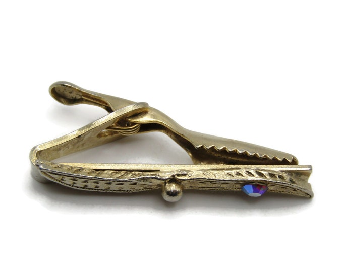 Rhinestone Inlay Textured Etched Rounded Edge Tie Bar Tie Clip Gold Tone Men's Jewelry