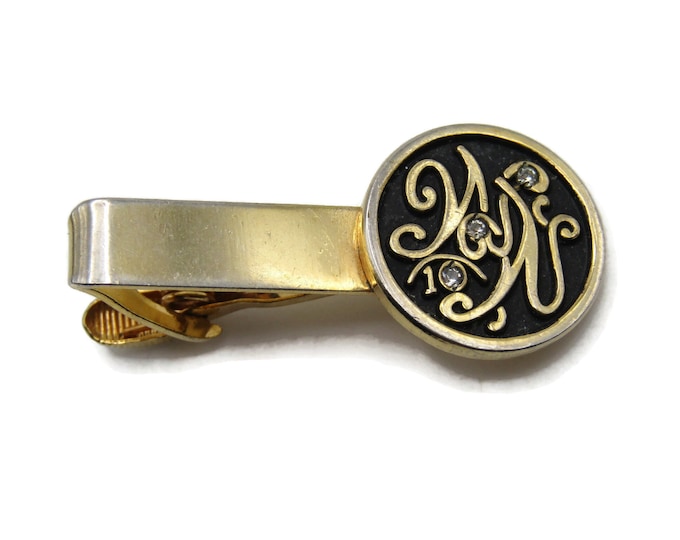 MW 10 Lettered Rhinestone Inlay Tie Clip Tie Bar Men's Jewelry Gold Tone