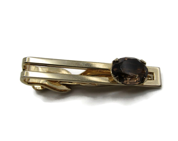 Brown Stone Inlay Classic Design Open Body Modernist Tie Bar Gold Tone Tie Clip Men's Jewelry