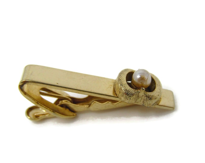 Faux Pearl Tie Clip Men's Vintage Tie Bar Gold Tone Excellent Design