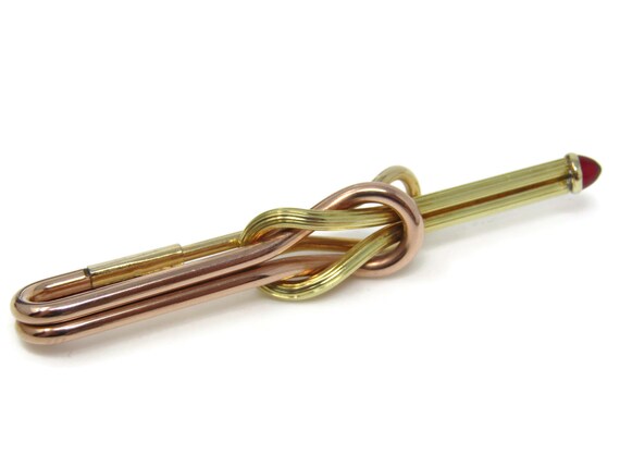 Vintage Gold Tone Interlocking Tie Clip with Red … - image 4