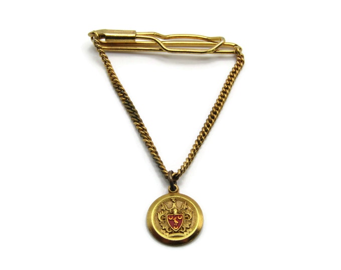 Open Body Gold Tone Tie Chain & Round Crest Insignia Red Details Tie Chain Tie Bar Men's Jewelry