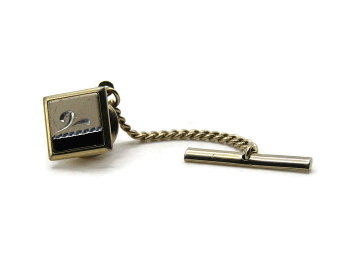 Decorative Etched Fluer And Black Bar Square Tie Pin And Chain Men's Jewelry Gold Tone