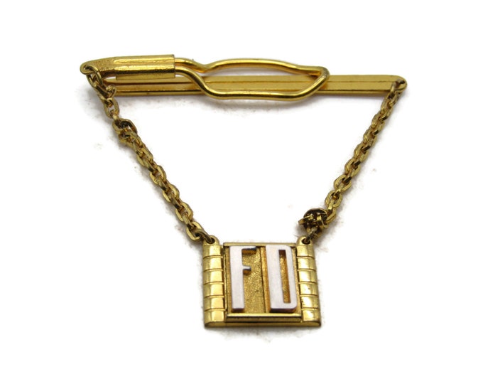 FD Letter Initial Monogram Tie Clip Tie Bar & Chain Men's Jewelry Gold Tone
