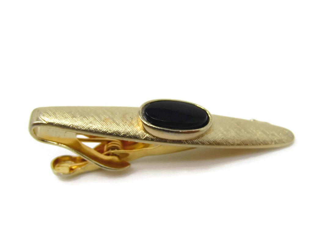 Barrette De Cravate Vintage à Clip - Cabochon Noir Facetté Et Finition Argentée - Occasion