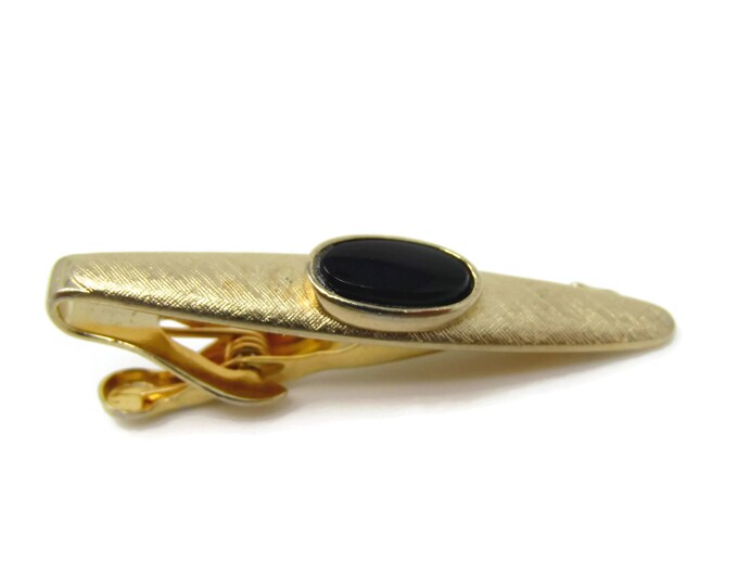 Vintage Tie Clip Tie Bar: Black Center Textured Gold Tone Nice Quality