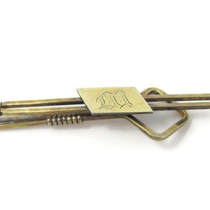 Letter M Initial Gorgeous Krementz Tie Clip Bar Gold Tone Vintage Men&#39;s Jewelry Nice Design