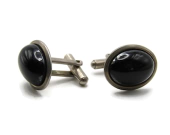 Black Oval Stone Cuff Links Men's Jewelry Silver Tone
