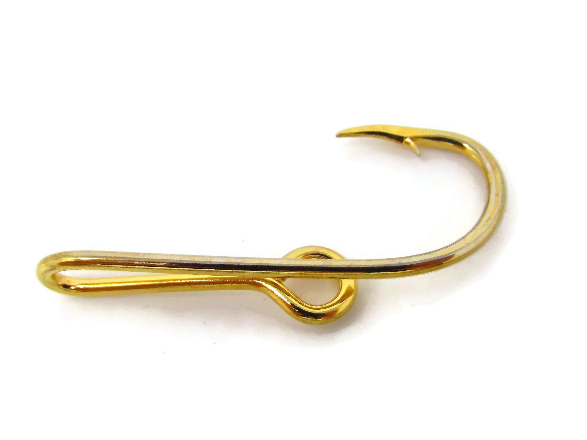 Vintage Tie Clip Tie Bar: Large Fish Hook Gold Tone
